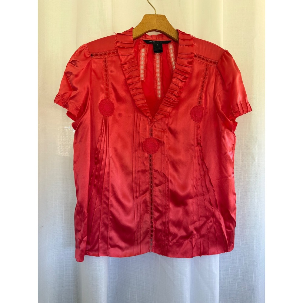 Marc Jacobs 100% Silk Ruffle Blouse Size 8 Coral Pink Lace Trim Romantic Top